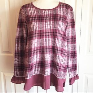 Elle Mulberry Purple & White Plaid Print Layered Pullover Sweater Large
